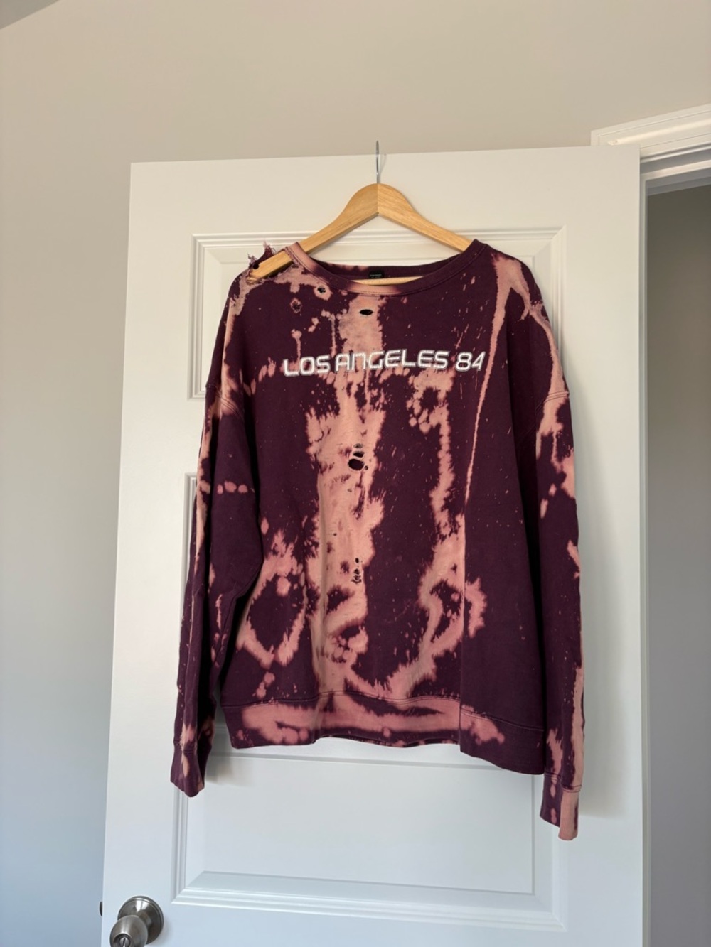 Factorie Maroon and Blush Tie-Dye Crew Neck Distressed Sweatshirt